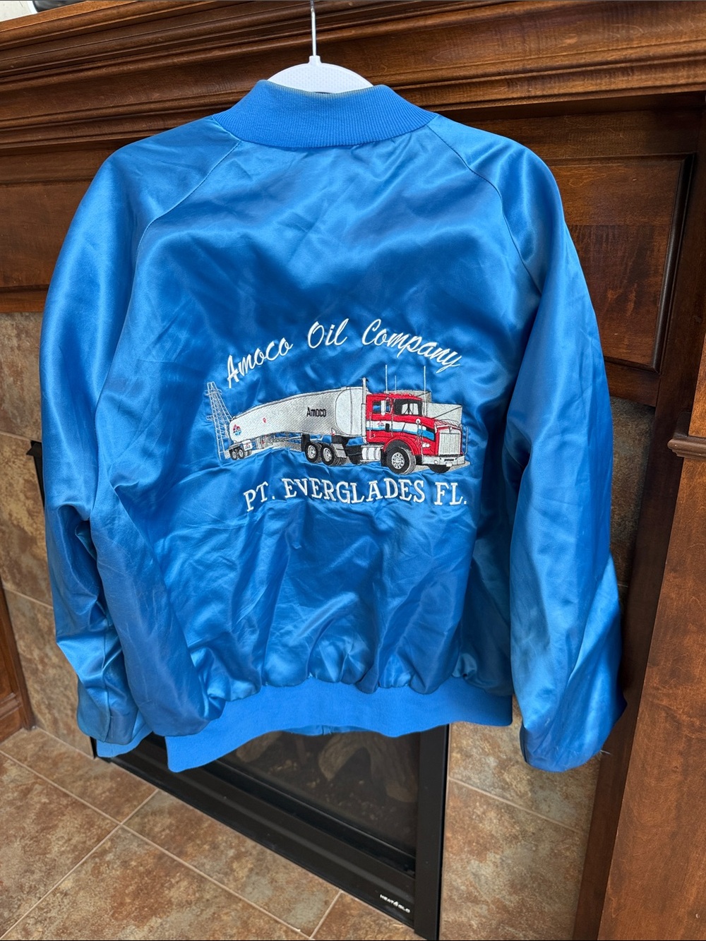 Vintage blue satin bomber trucker jacket Amoco Oil Company Everglades Florida XL